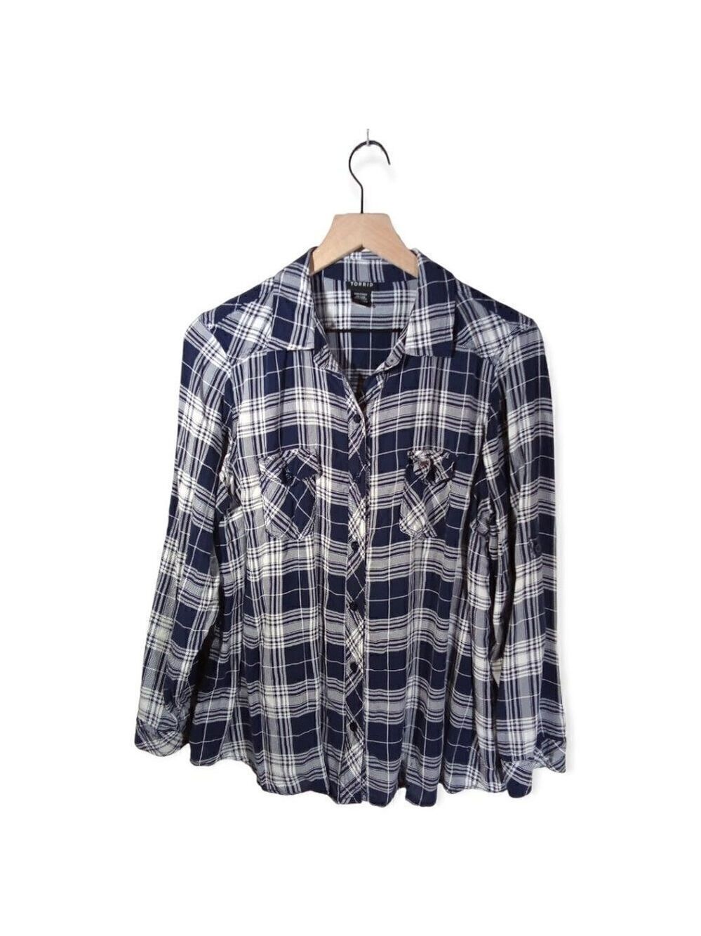 𝅺TORRID Navy Plaid Challis Camp Shirt Size 1
